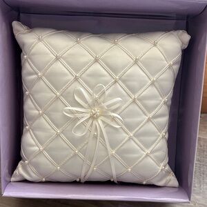 Elegant White Satin Pillow with Ribbon Detail- Wedding Ring pillow